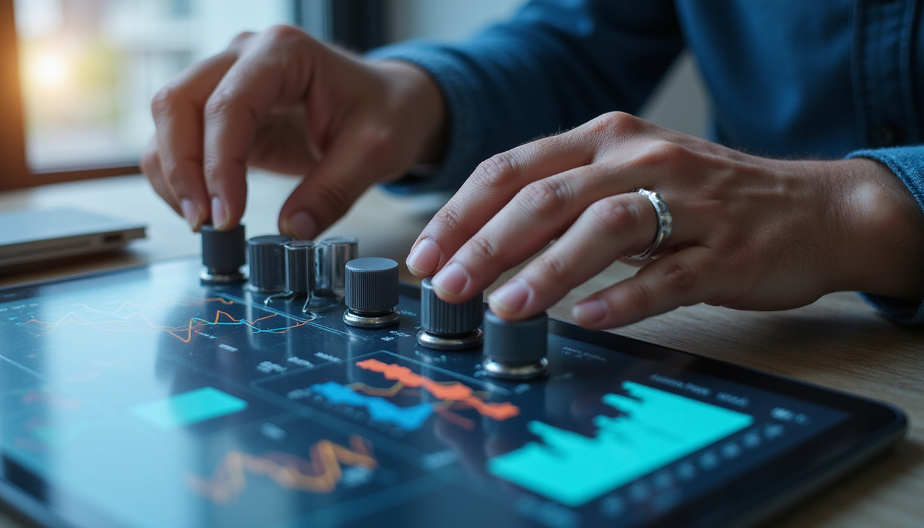 Close-up hands adjusting experiment knobs beside rising bar chart labeled conversion, bright analytics interface