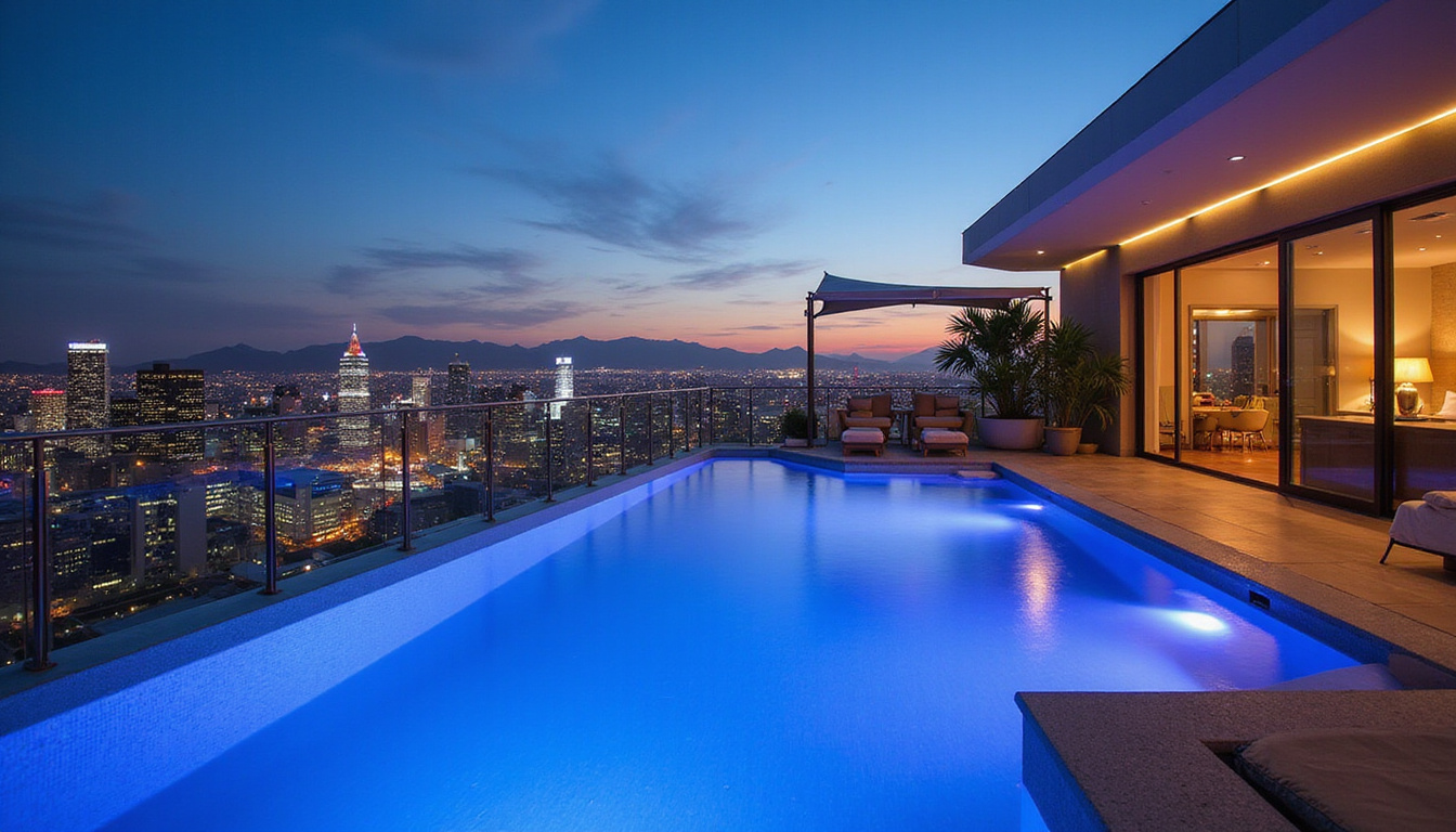  Rooftop infinity pool overlooking city lights, personalized champagne service, discreet concierge, cinematic warm glow