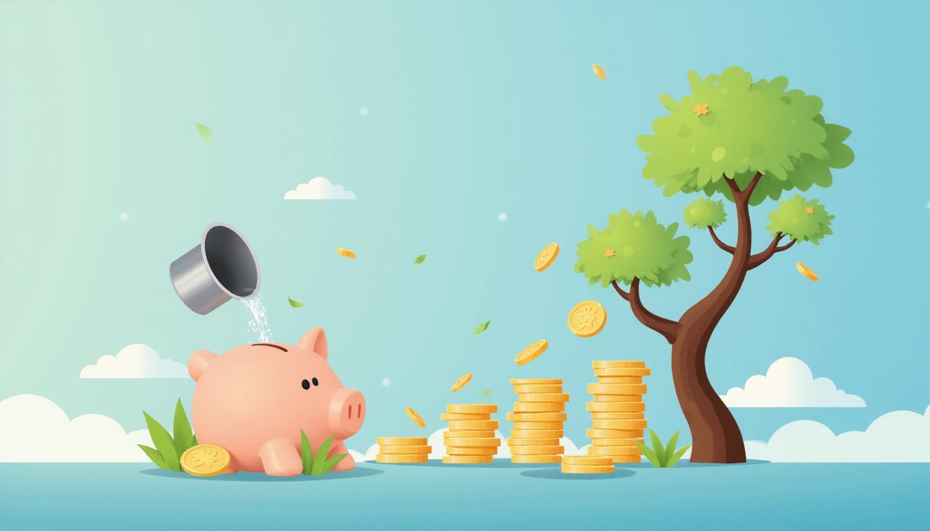  Focused smart saver watering coin-tree beside ladder of gradual coins, clean infographic, minimalist studio