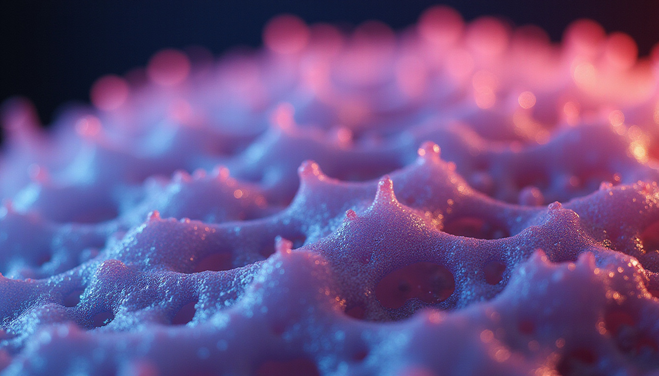  Close-up molecular matrix of hydrogel mimicking extracellular matrix, glowing peptides, healing skin