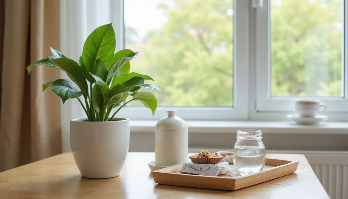  Cozy apartment scene with potted good luck plant, care tools, humidity tray, labeled care tips