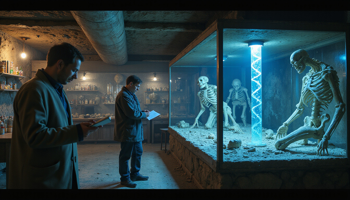  Ancient cryptid laboratory: preserved skeletons, glowing DNA vials, investigator examining notes, dramatic lighting