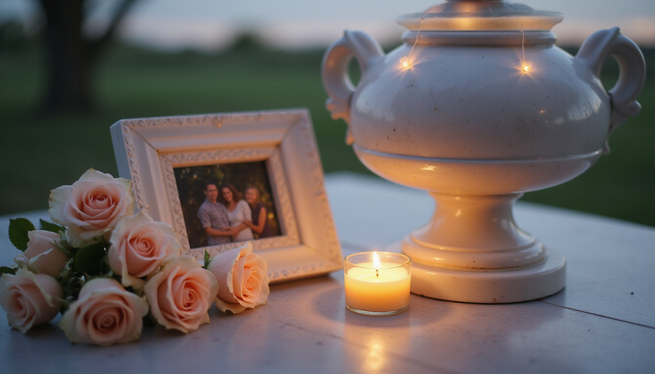  Serene marble urn beside candlelit family photographs, gentle pastel roses, peaceful dusk atmosphere