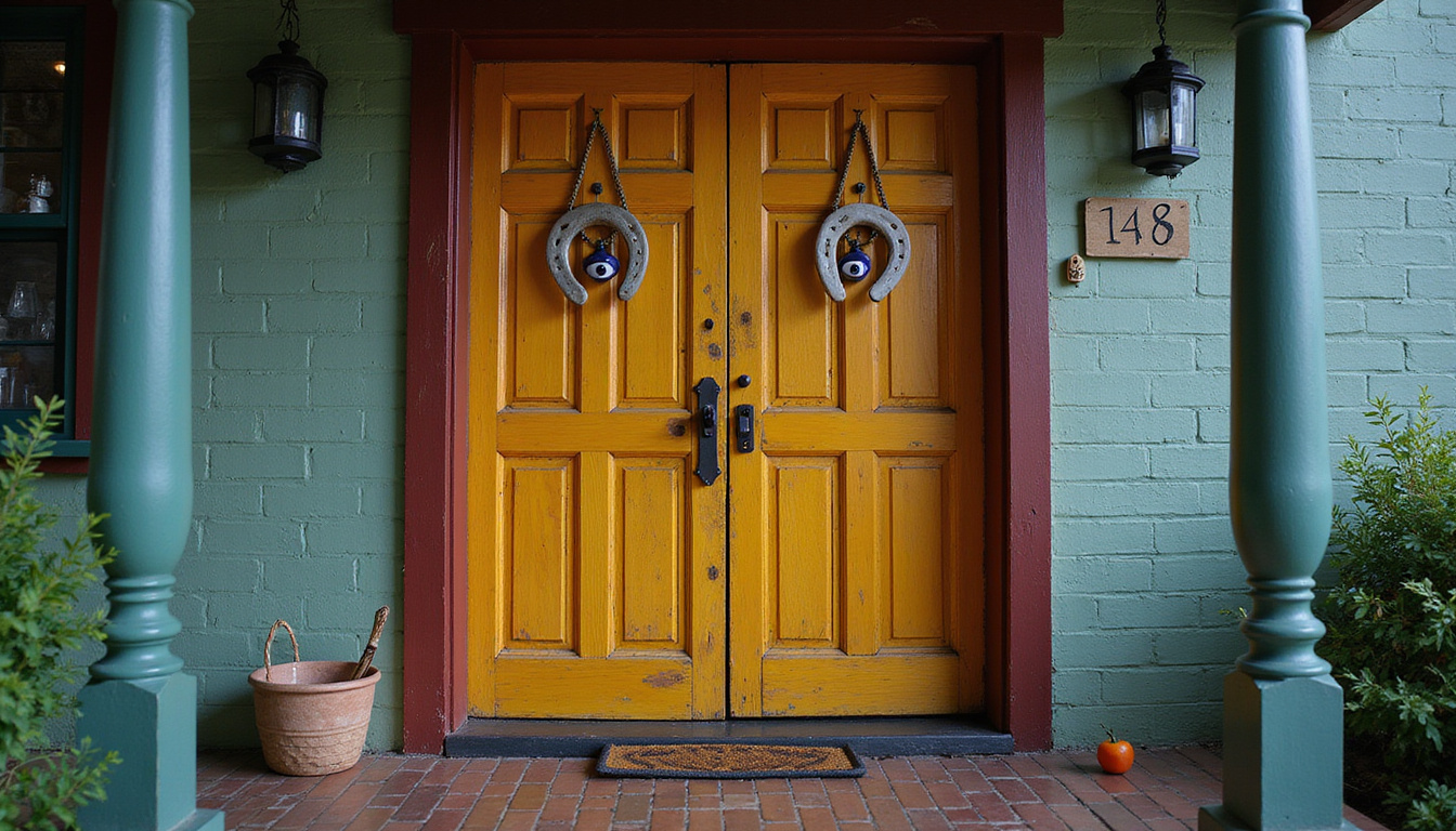 Folk house threshold hung with horseshoes, witch bottles, protective eye talismans repelling shadowy curses