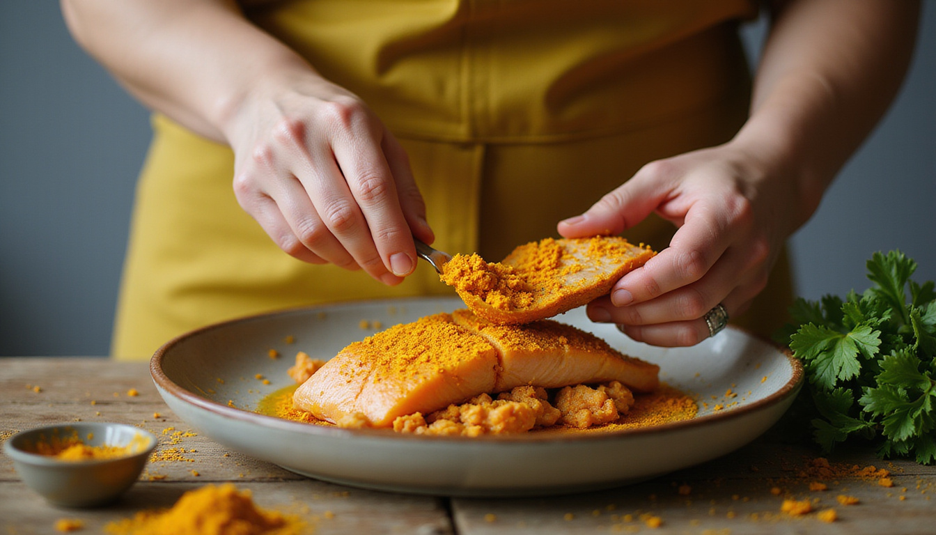 Close-up hands preparing anti-inflammatory meal, turmeric, omega-rich fish, neural fibers subtly illuminated