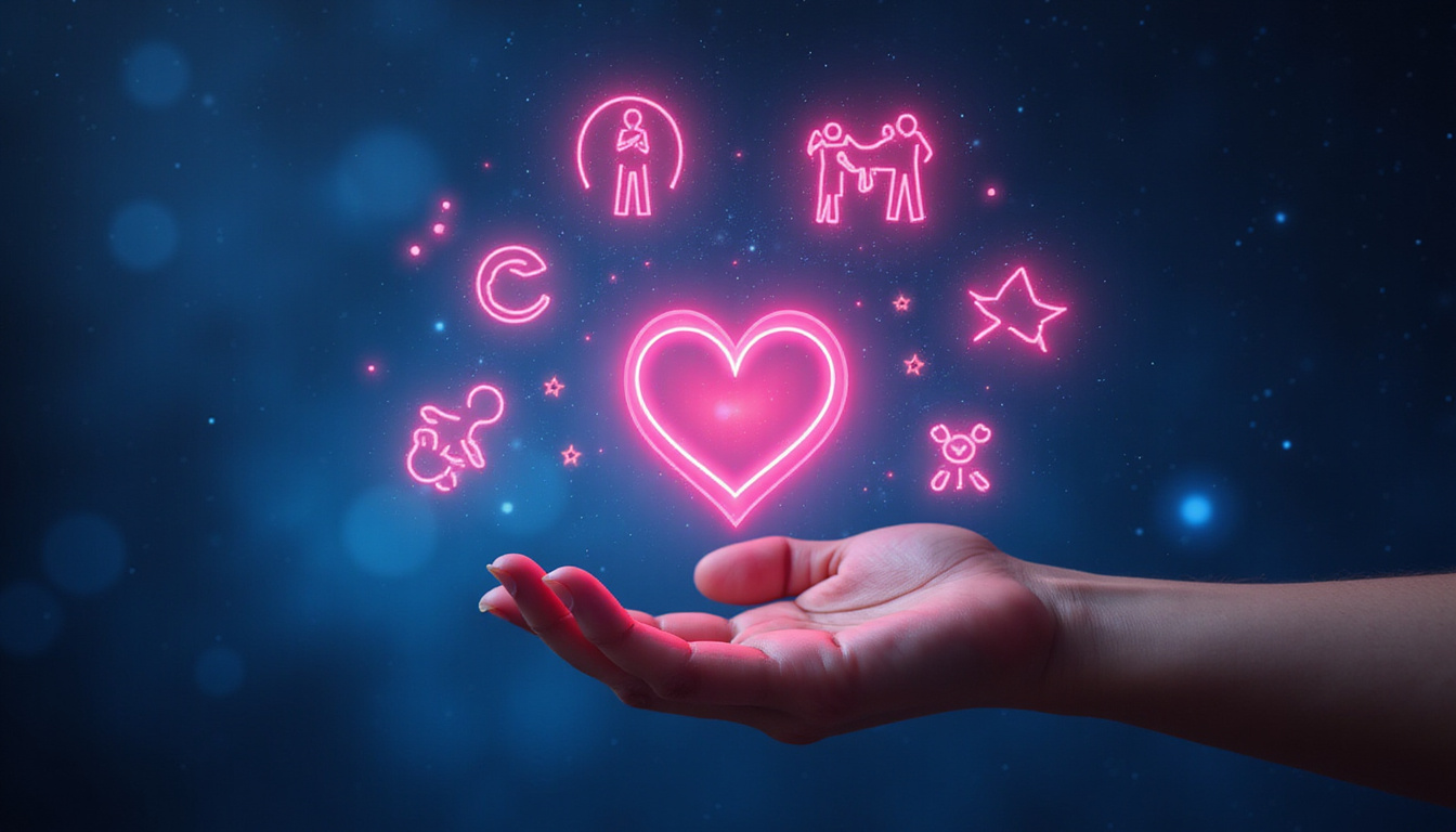 Mystical hand revealing career icons and heart, neon astrological glyphs, starry background