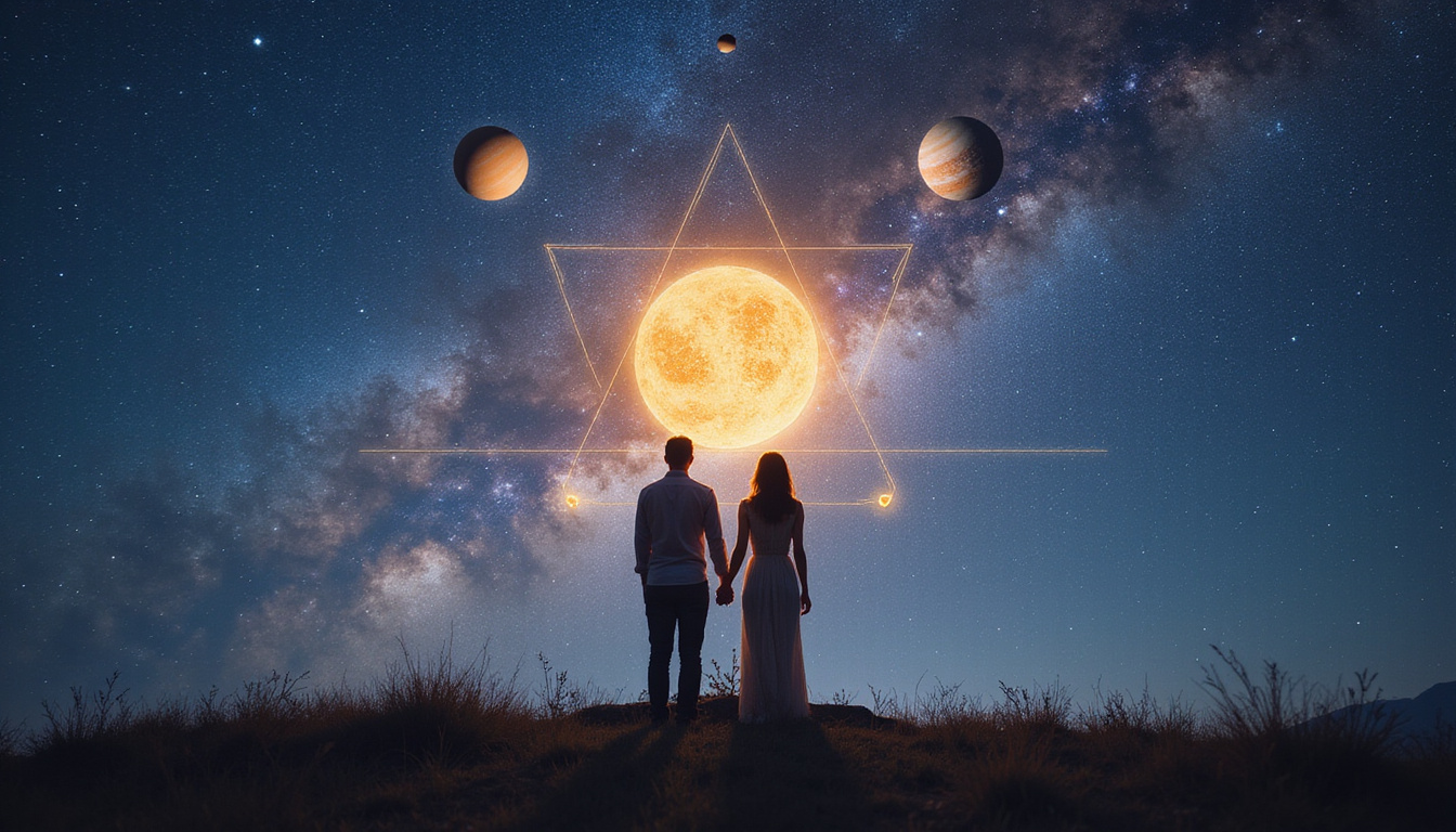 Couple silhouette under celestial sextile geometry, luminous planets aligning, tender transformative energy, starry sky