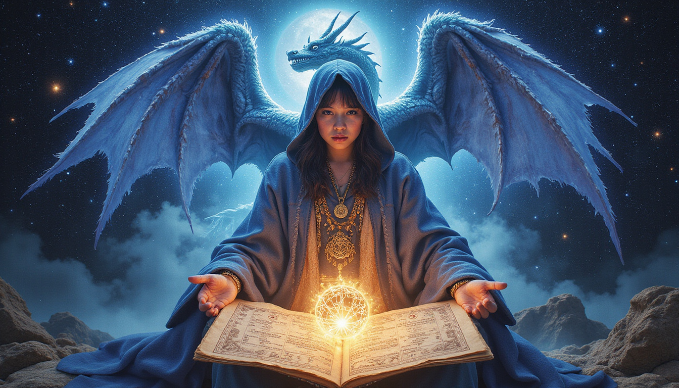 Mystical astrologer unveiling soul destiny, luminous dragon sigils, celestial scrolls, ethereal light, cosmic secrets