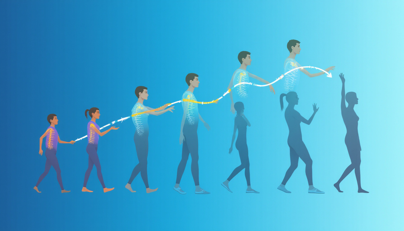  Sequential illustrations of arm nerve gliding steps, arrows, calming blue gradient, reduced tingling visual metaphor