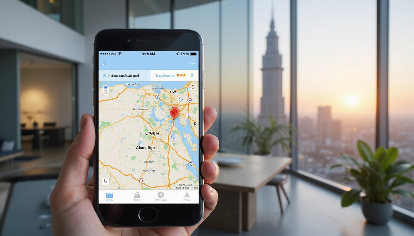  Smartphone app showing instant cash offer, map of Egypt, sleek contemporary home, bustling Cairo skyline
