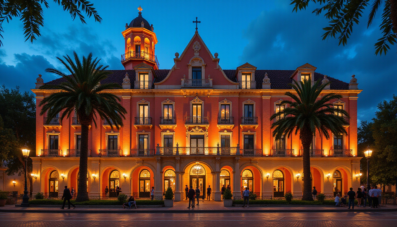  Historic hotel façade at dusk, palm trees, colonial arches, warm golden floodlights, tourists admiring