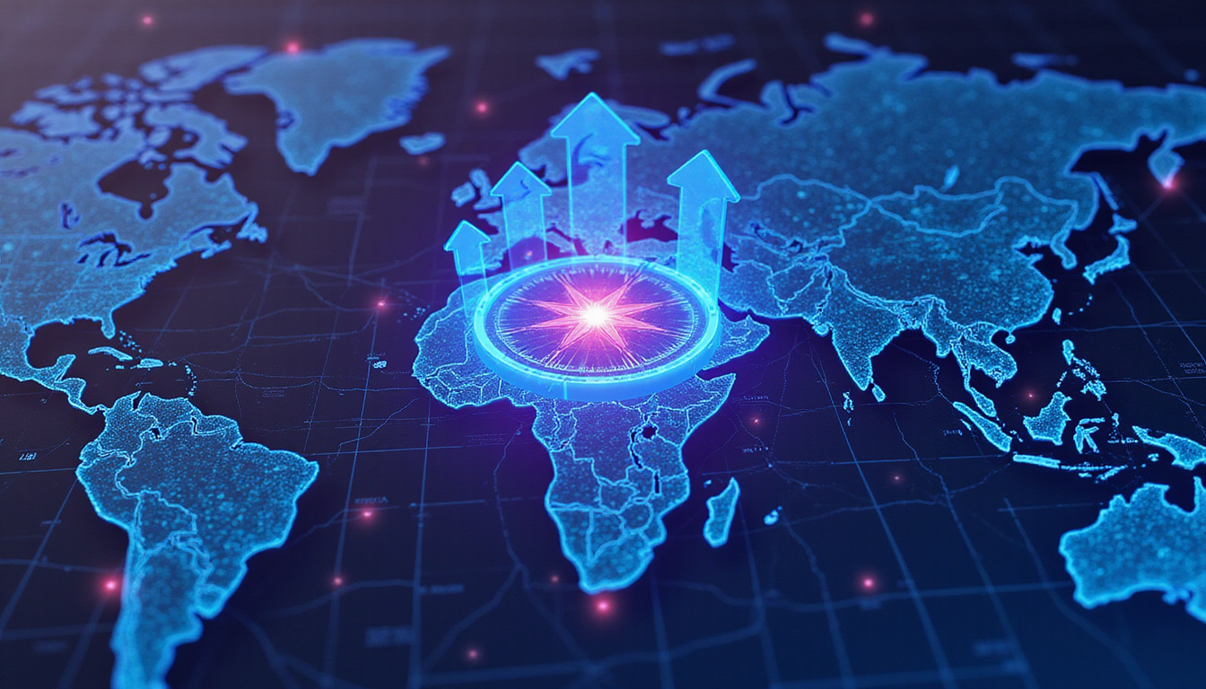  Blueprint-style digital map of links and ranking arrows, secret vault, compass, neon accents