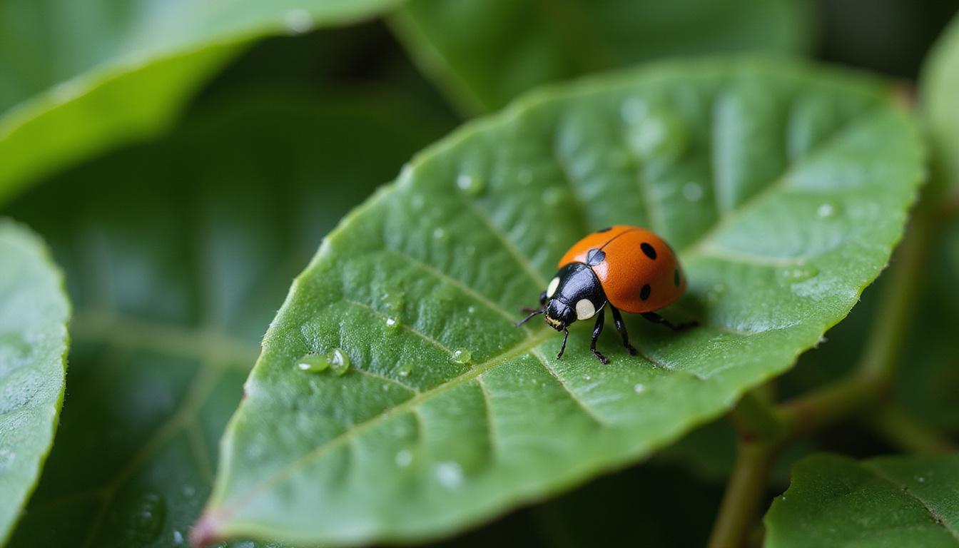  Close-up of pest-free schefflera leaves, healthy soil, magnified ladybug, natural humidity droplets