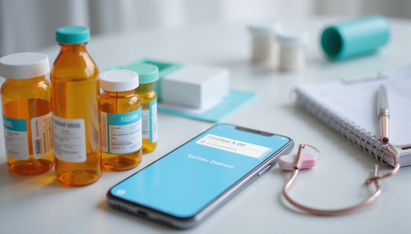  Nurse setting smartphone reminder beside medication vials and corrected calendar marks, reassuring clinic lighting