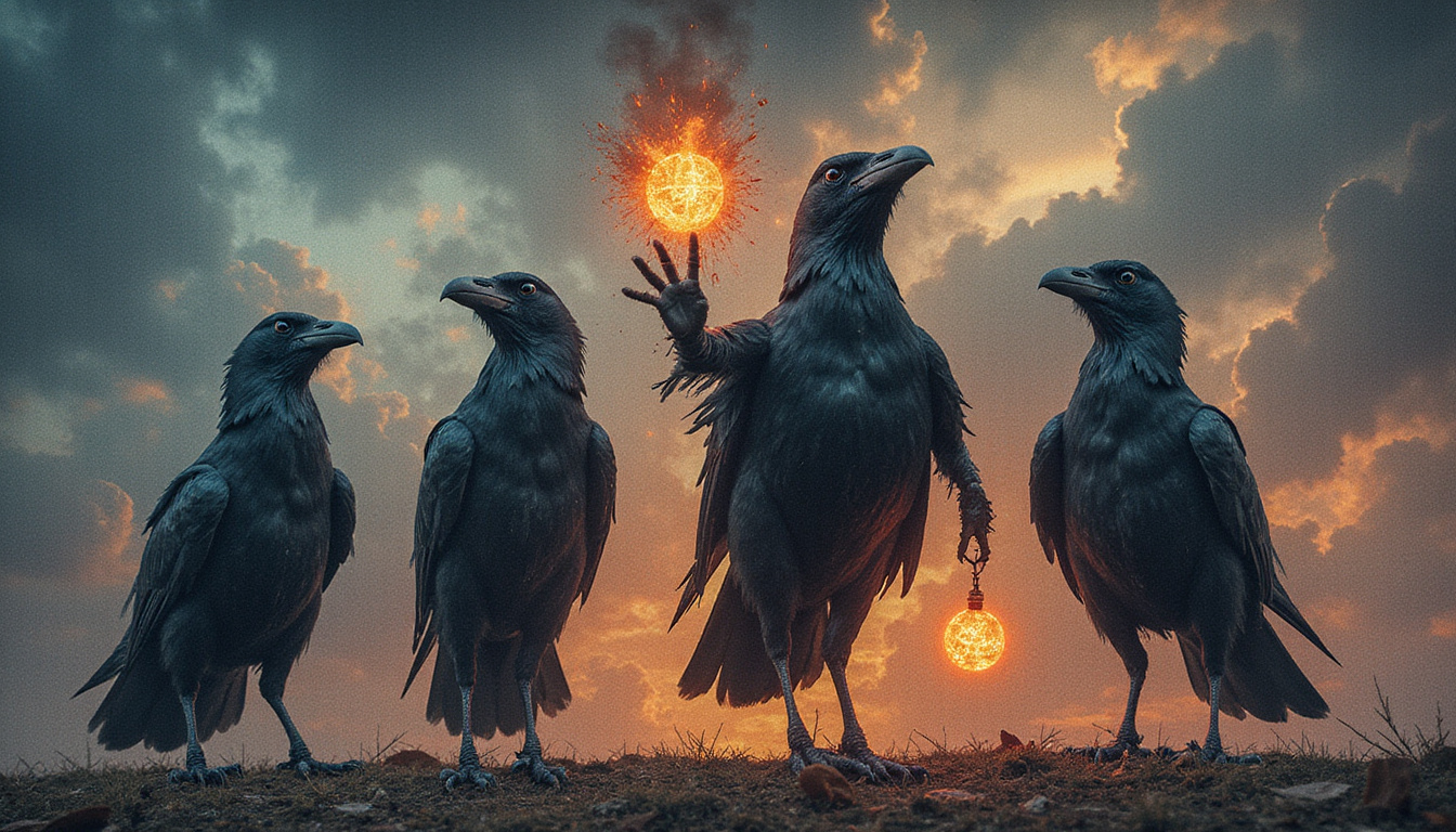  Surreal collage of crows carrying glowing talismans, ancient symbols, smoky twilight, ethereal watercolor style