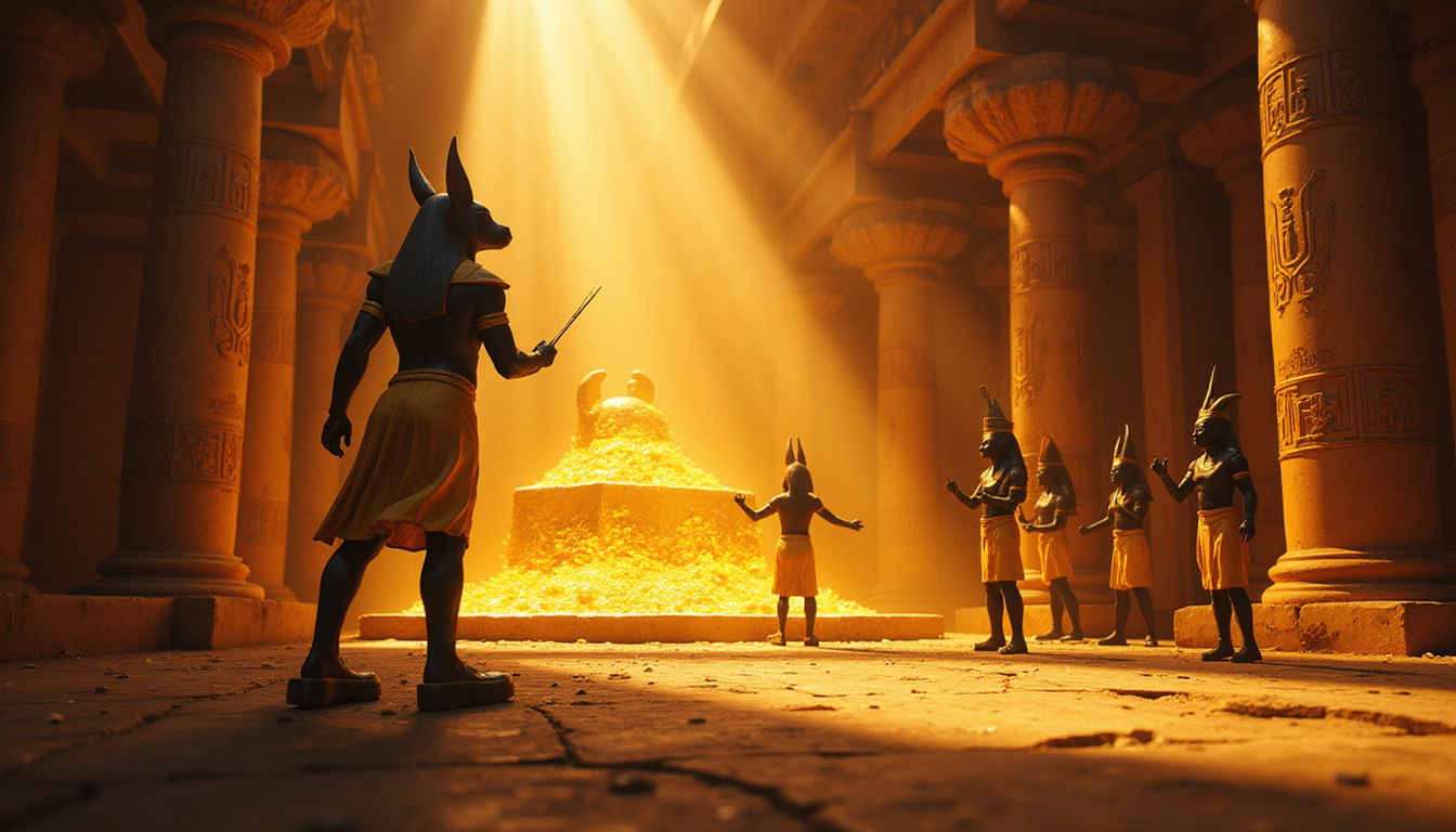  Animated ushabti guardians rising to defend golden sarcophagus under torchlight, Anubis shadow looming