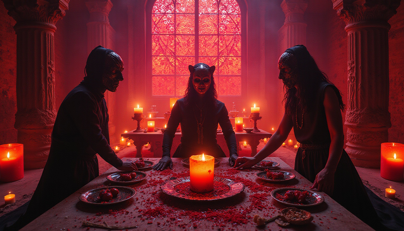 Ancestor altar with glowing candles, blood-red offerings, masked dancers performing eerie rites