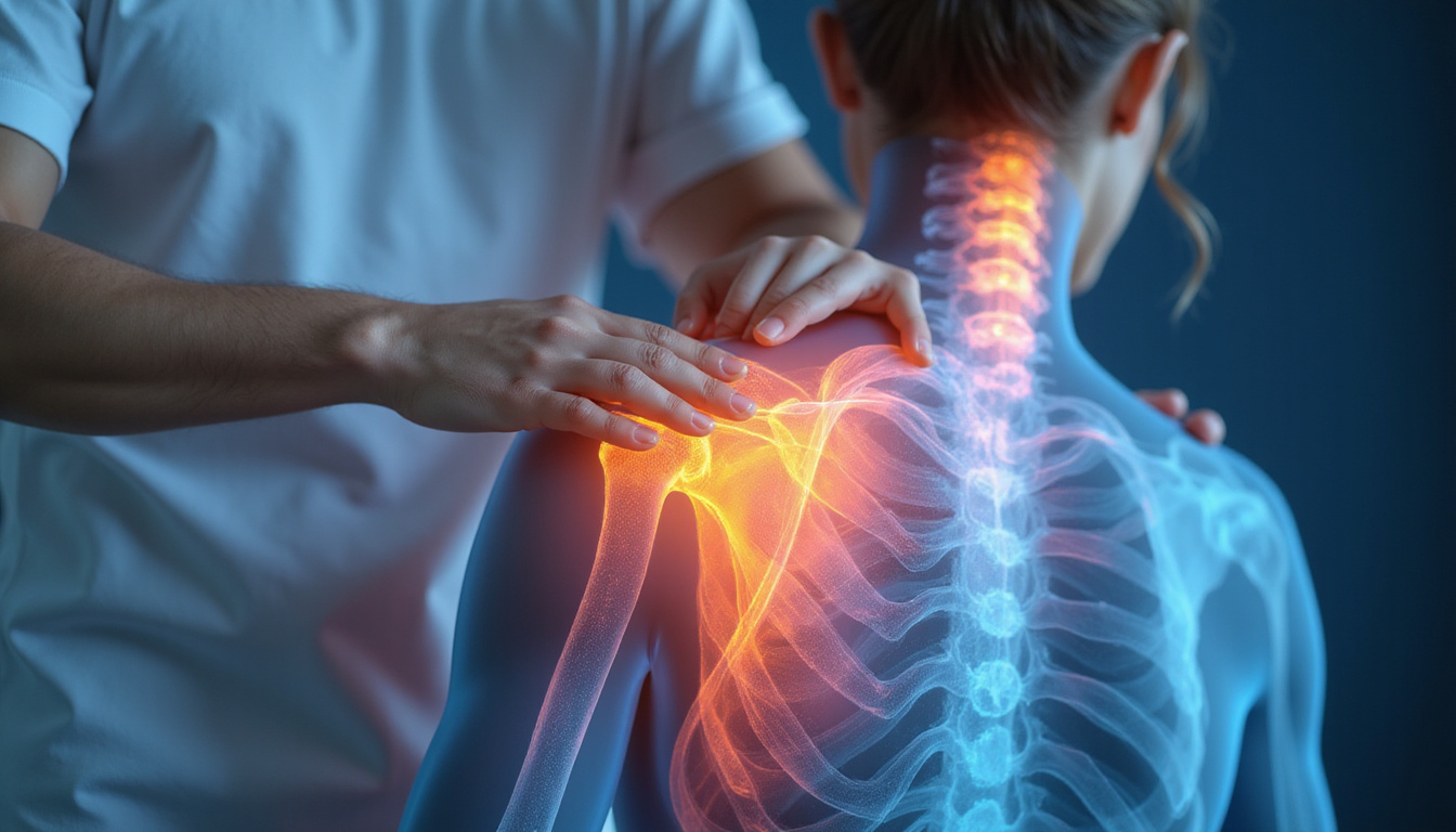  Clinical close-up hands guiding shoulder glenohumeral mobilization, transparent anatomical overlay