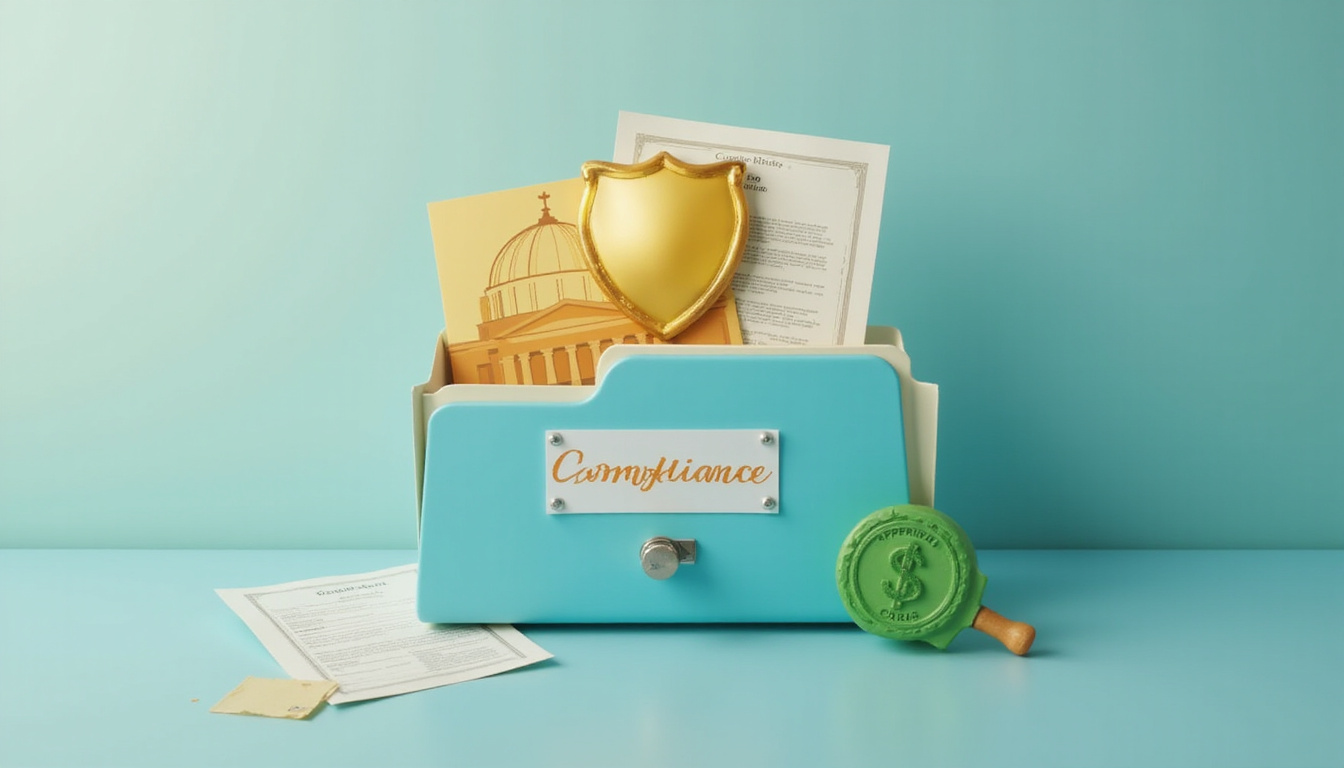  Locked folder labeled Compliance, courthouse silhouette, golden shield, green approved stamp, audit trail
