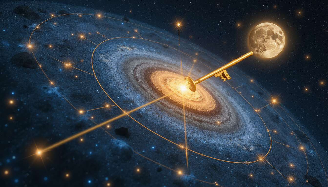 Moon, Venus, Mercury orbiting a golden key over zodiac constellations, releasing emotional light