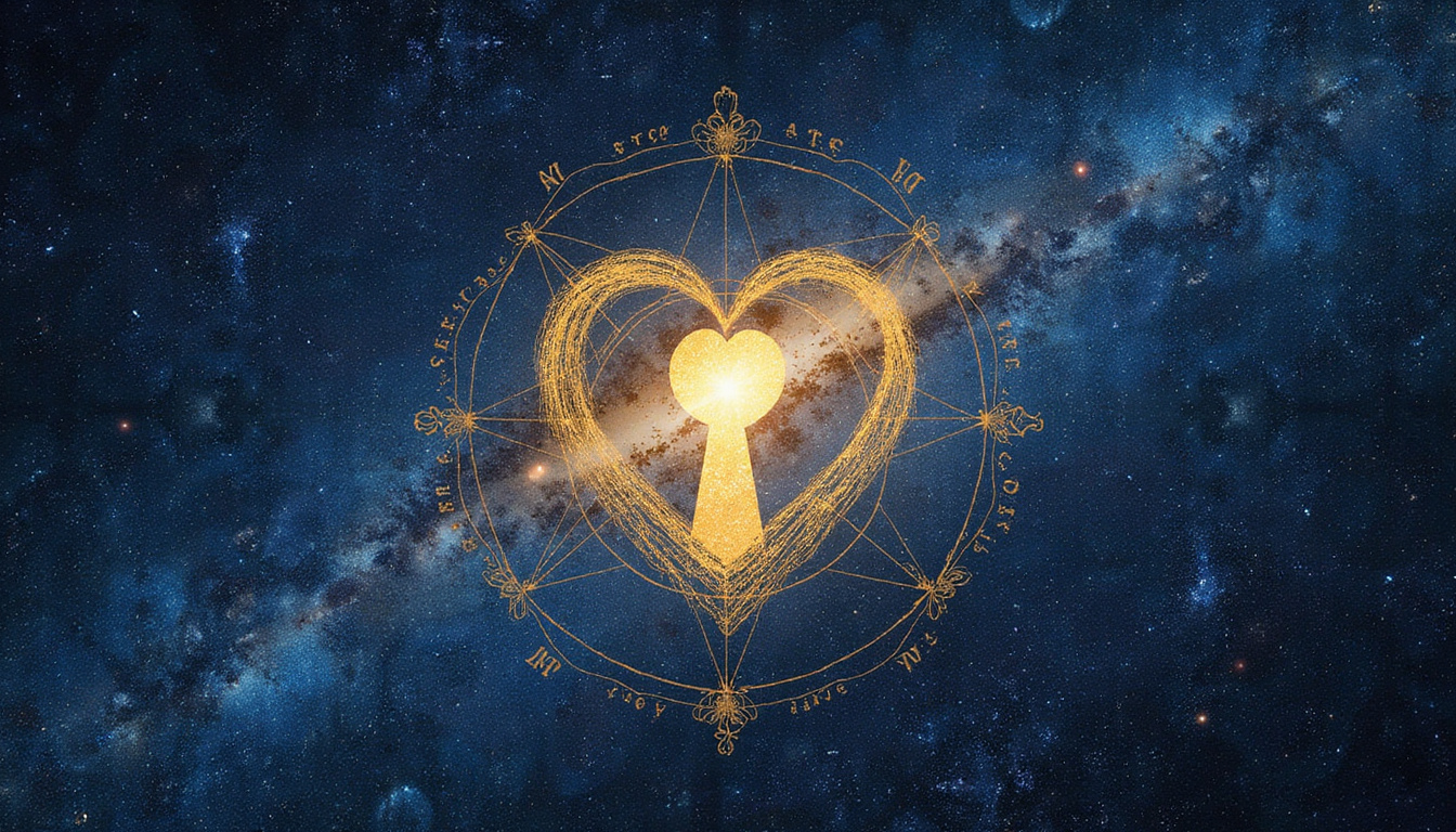 Cosmic blueprint overlay, golden heart-shaped keyhole, trine lines connecting zodiac lovers under midnight sky
