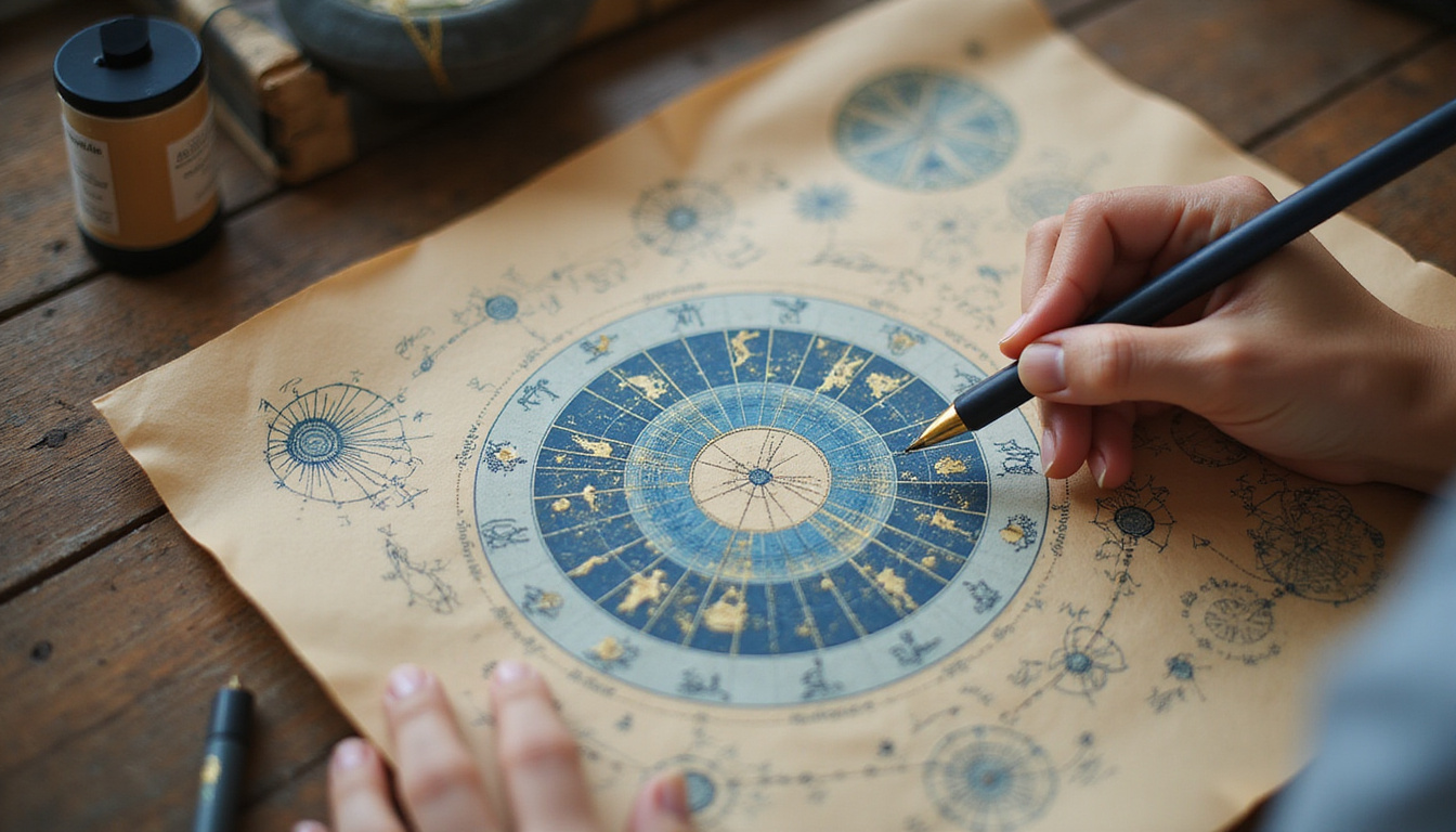  Hands sketching celestial roadmap on parchment, zodiac symbols, engagement icons, vibrant gold and indigo