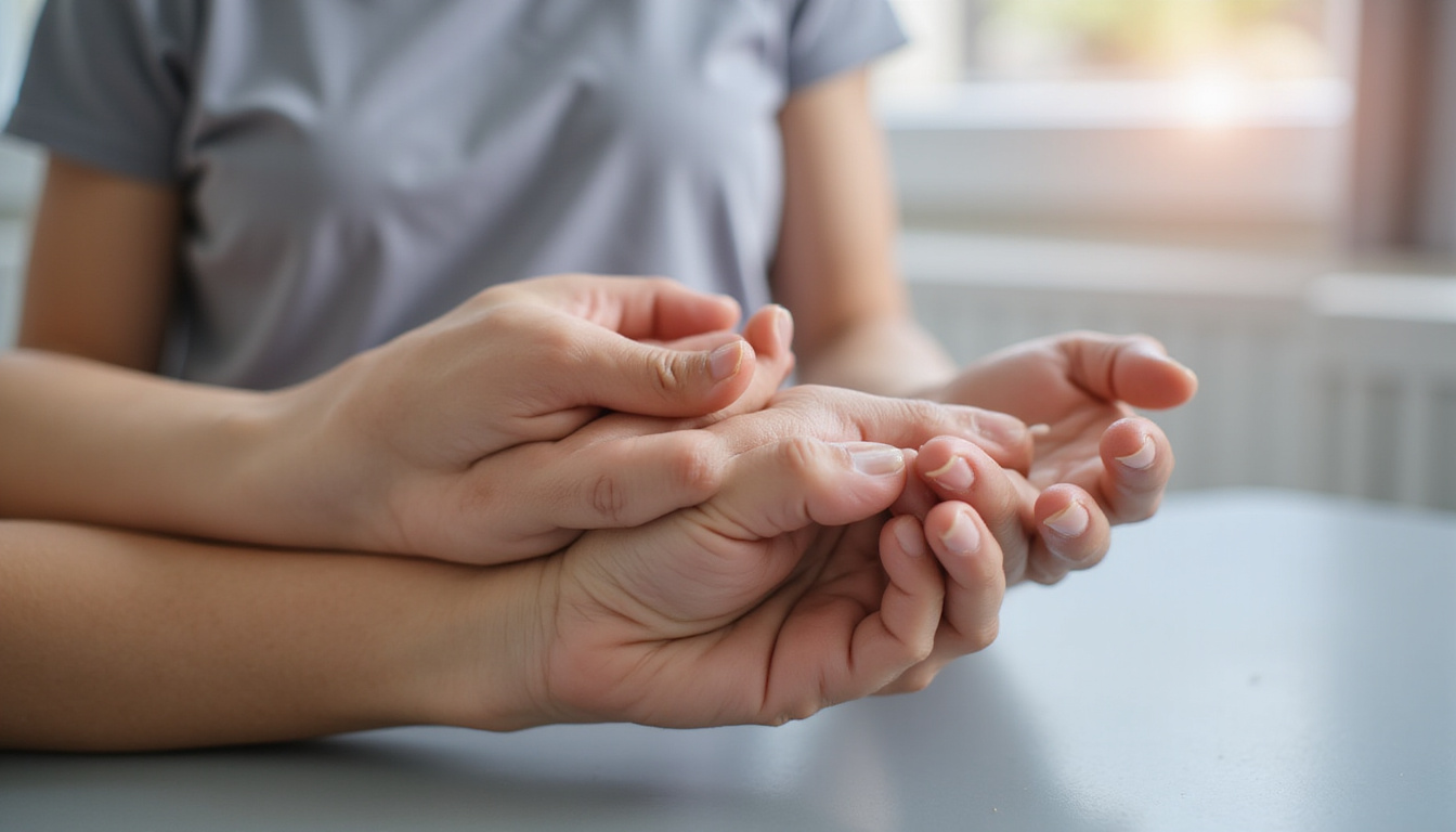  Close-up hands demonstrating wrist and shoulder mobility drills, soft clinic light, infographic captions