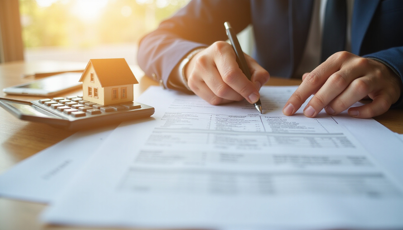  Close-up of hands signing loan documents, calculator, miniature house model, warm natural light