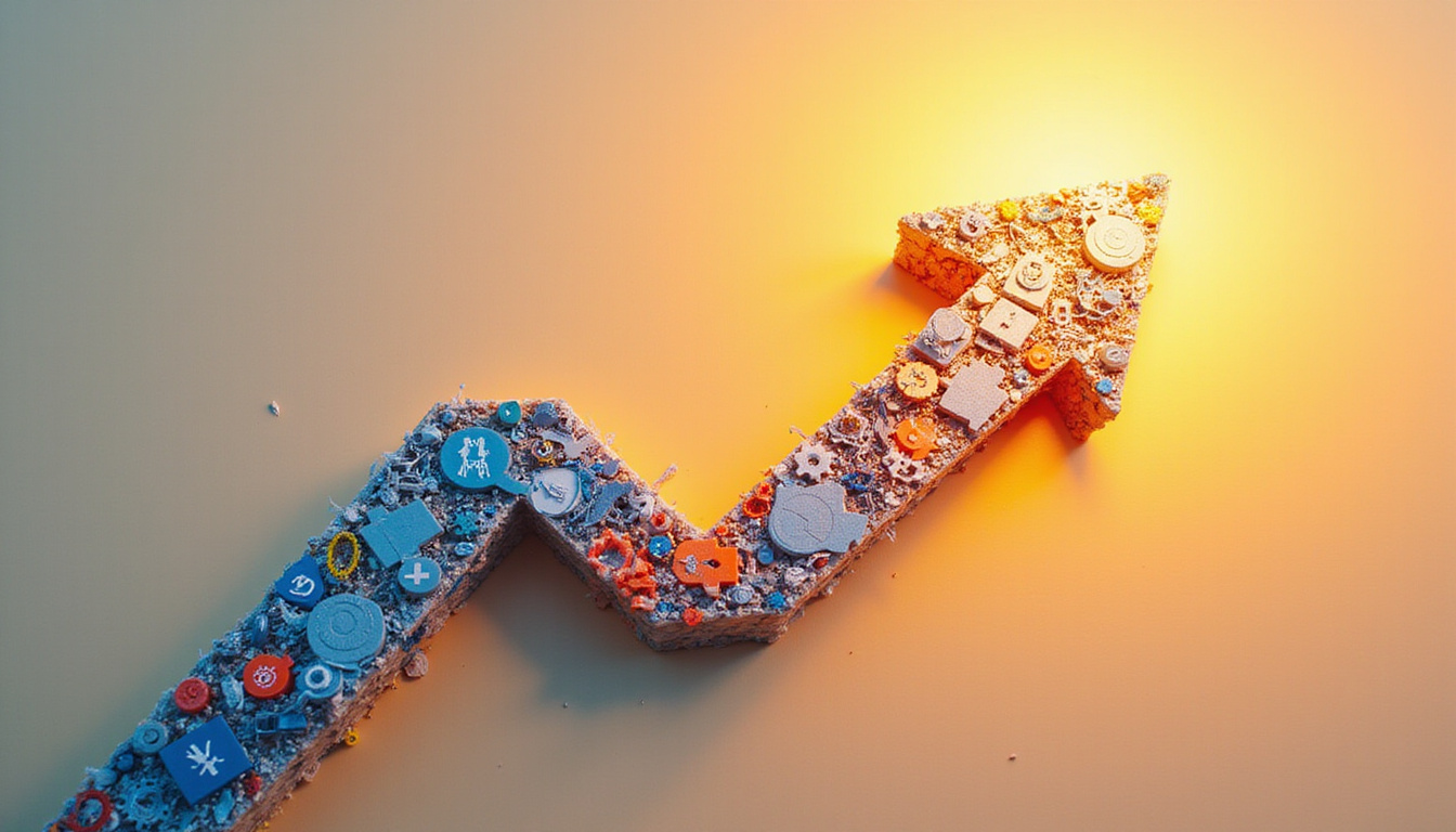 Giant upward arrow made of customer icons, blueprints and gears, warm golden light