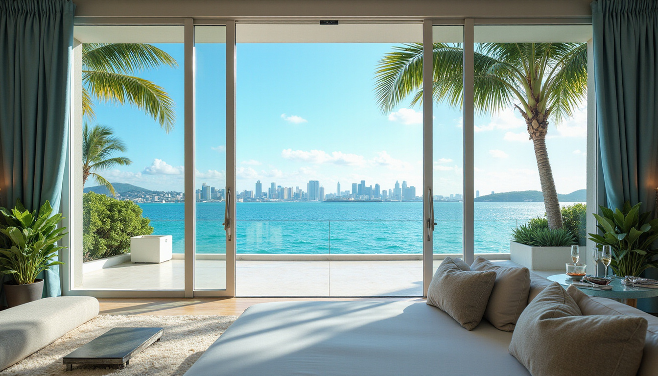  Glass fronted seaside suite, palm trees, elegant terrace with champagne, city skyline beyond