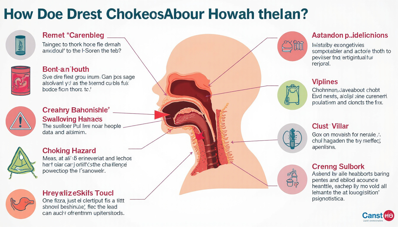 Medical infographic cross-section throat, clear swallowing pathway, choking hazards highlighted, colorful warning icons