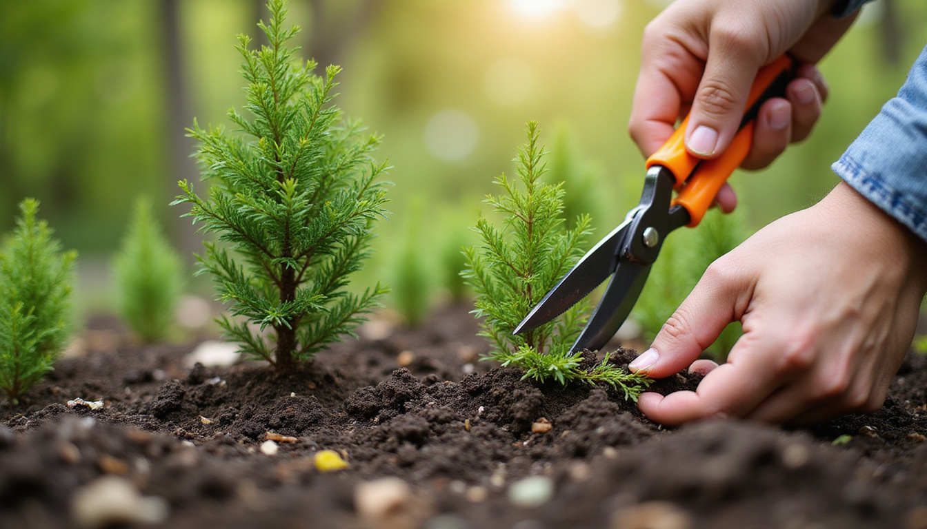  Close-up hands planting juvenile juniper, gritty soil, drip irrigation, pruning shears, informative infographic overlay