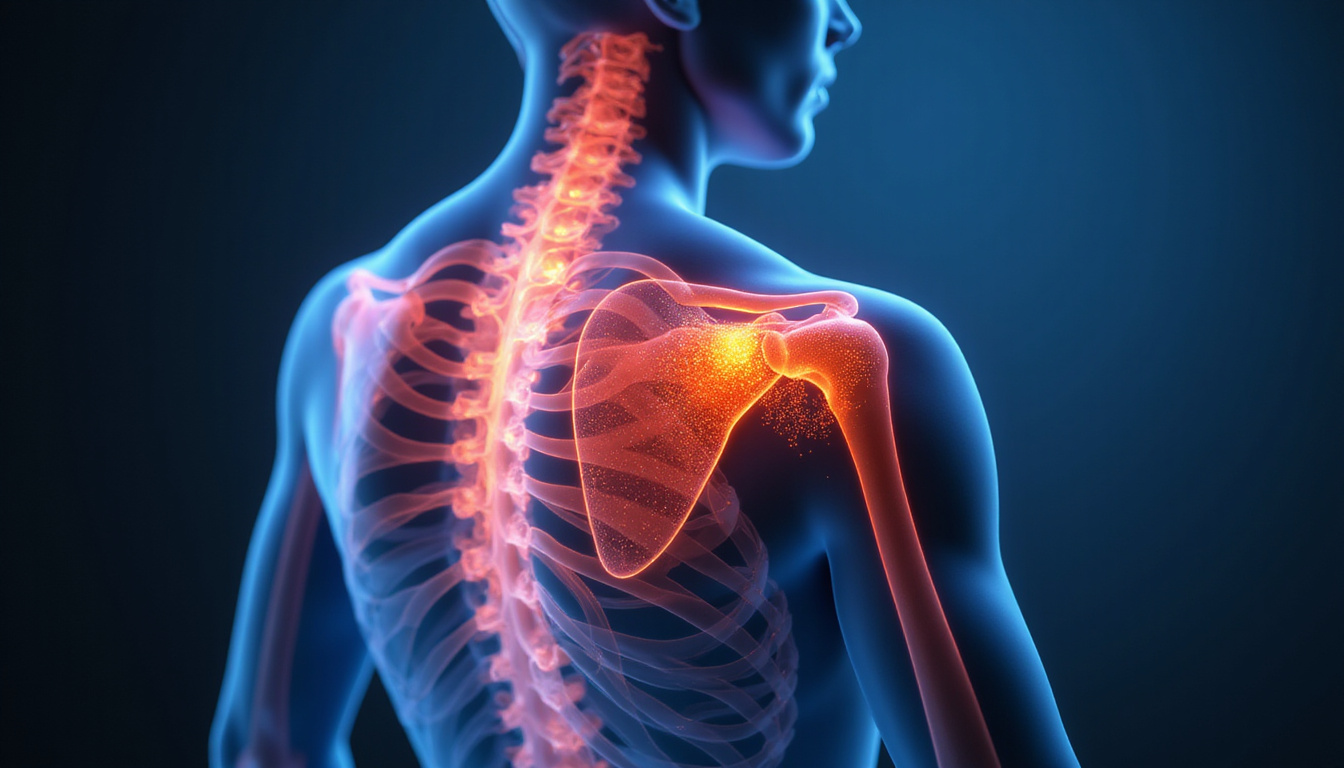  Stylized anatomical cross-section shows glowing lubricating gel bathing rotator cuff, surgical-free shoulder pain relief