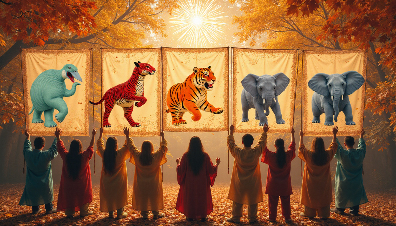  Diverse people holding animal banners: crane, tiger, elephant; mythic aura, gold filigree, ceremonial light