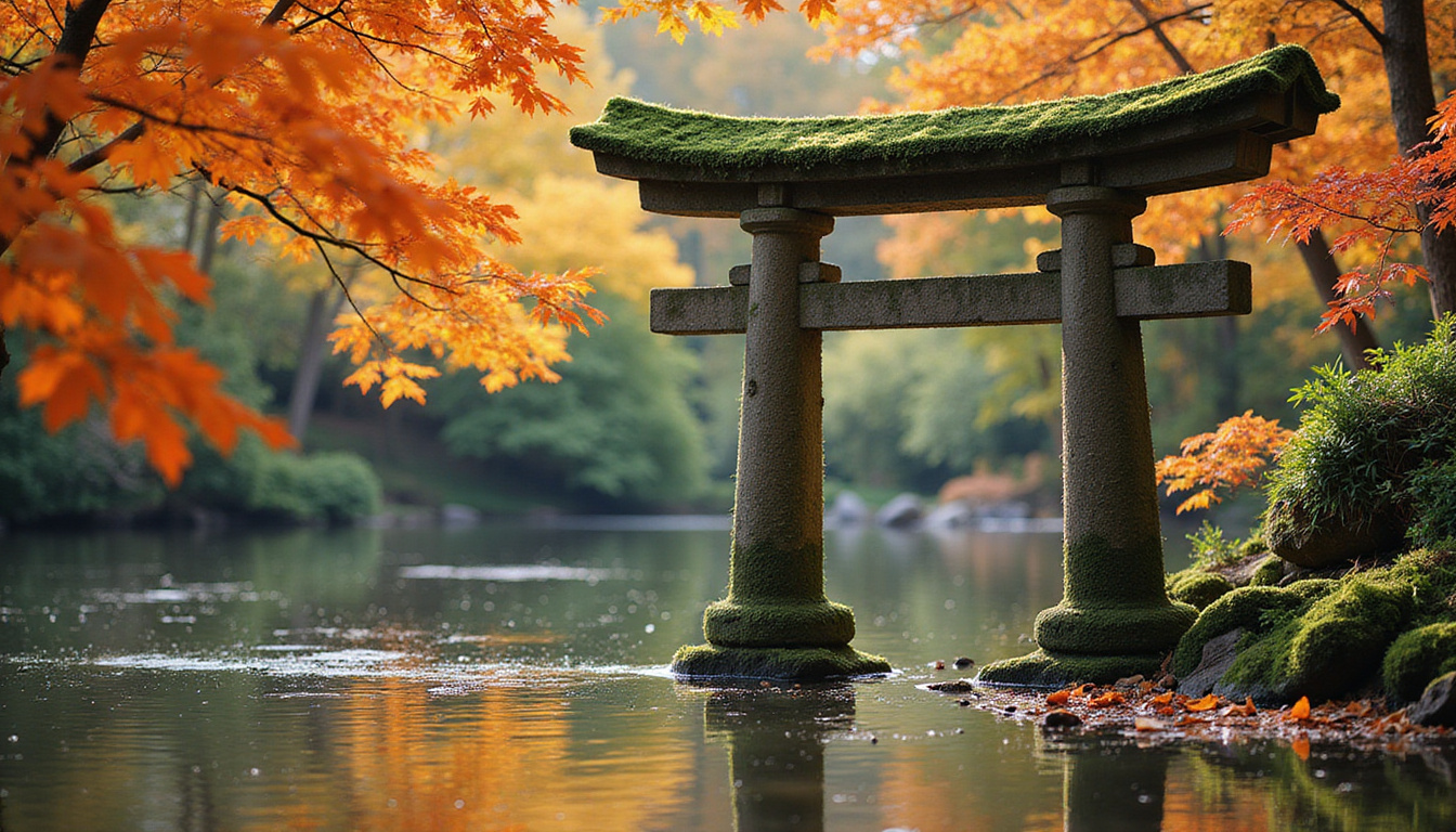  Moss-covered stone torii beside reflective pond, autumn leaves, golden backlight, serene
