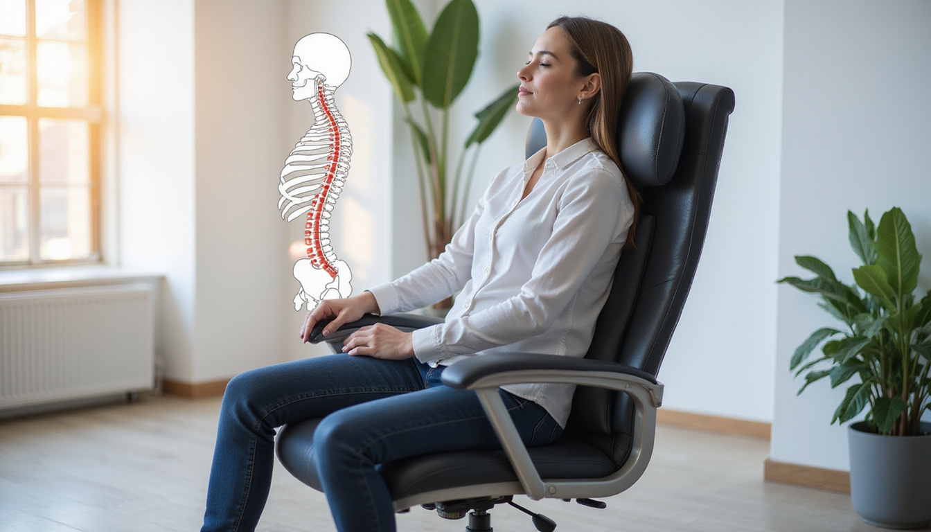 Peaceful recovery scene: ergonomic chair, lumbar support cushion, calm breathing, illustrated spine overlay