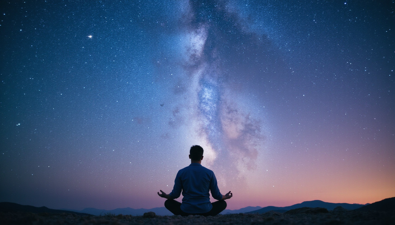 Person meditating under starry sky, constellations map relationships and career paths, soft aurora