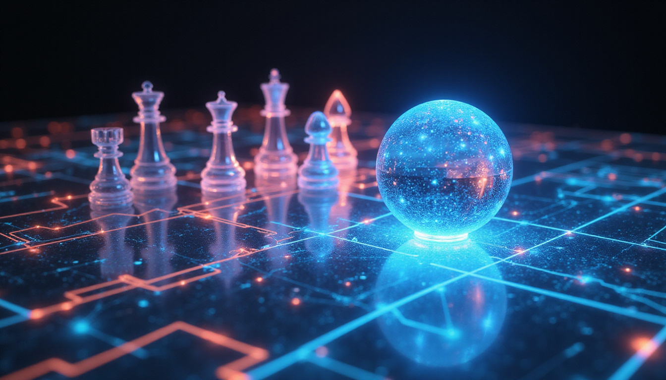 Holographic tactical grid projecting game-changing strategies from luminous orb, chess pieces and data streams