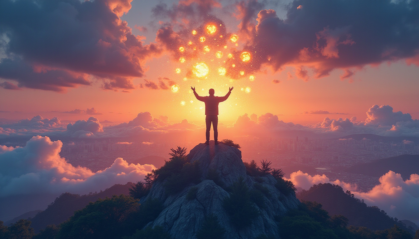  Person standing on mountain peak, open chest of glowing symbols, pathways to city success