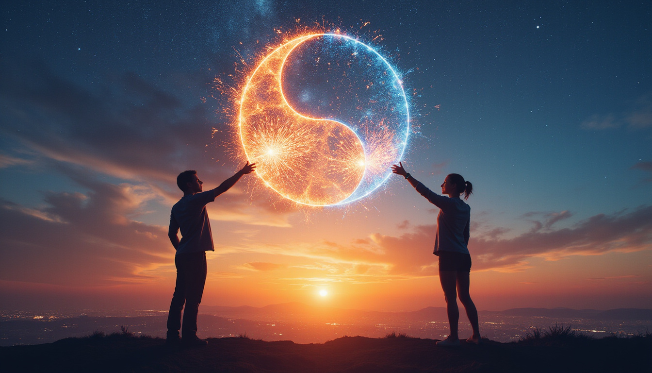  Two silhouettes exchanging sparks, yin-yang energy orbs, rooftop starlight, warm magnetic bond