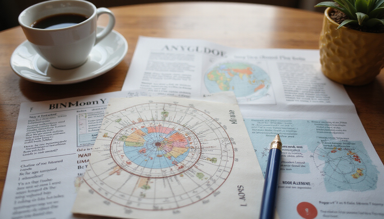  Cozy desk scene, morning coffee, astrology newsletter pages, insightful charts and guidance, star map overlay