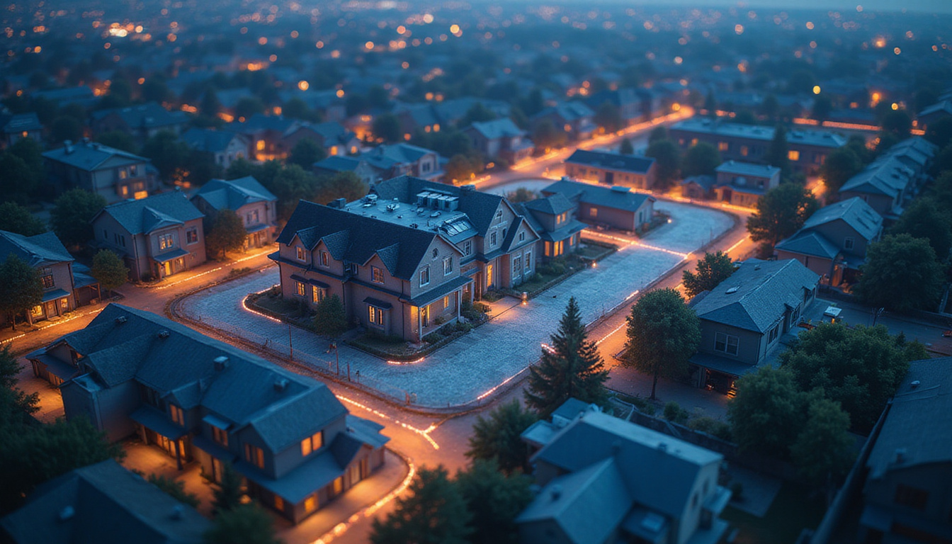  Satellite-view block of rental properties connected by glowing income lines to investor