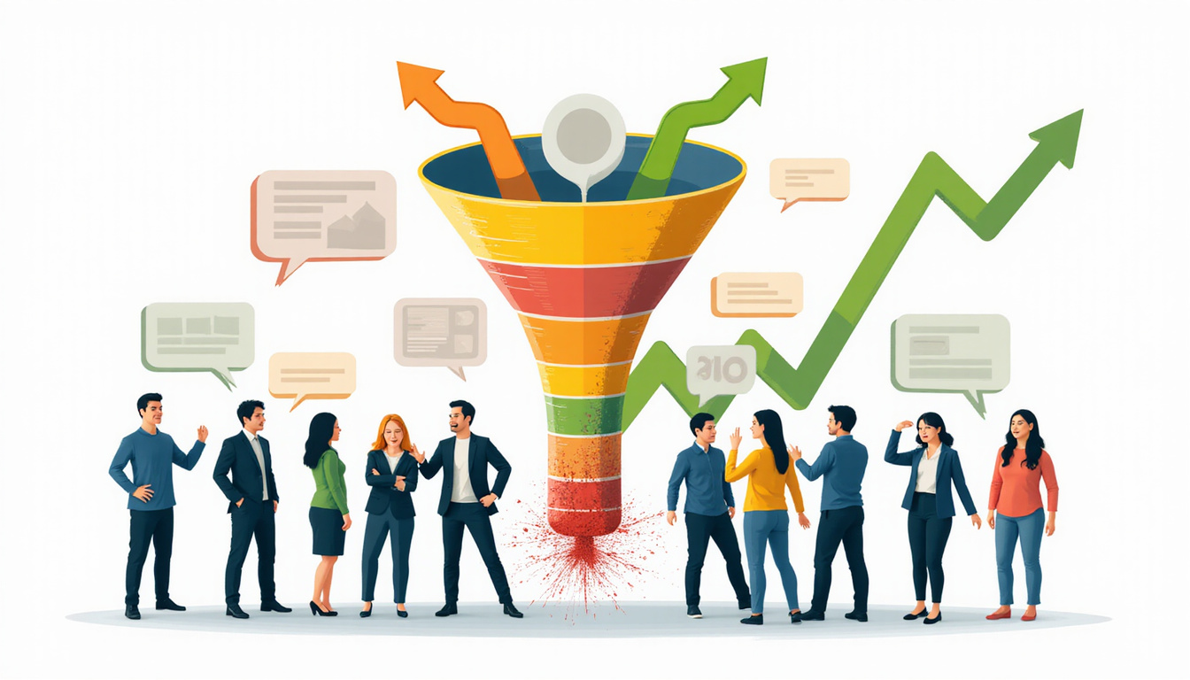 Diverse team around circular infographic funnel, angry speech bubbles morphing into upward green growth arrows