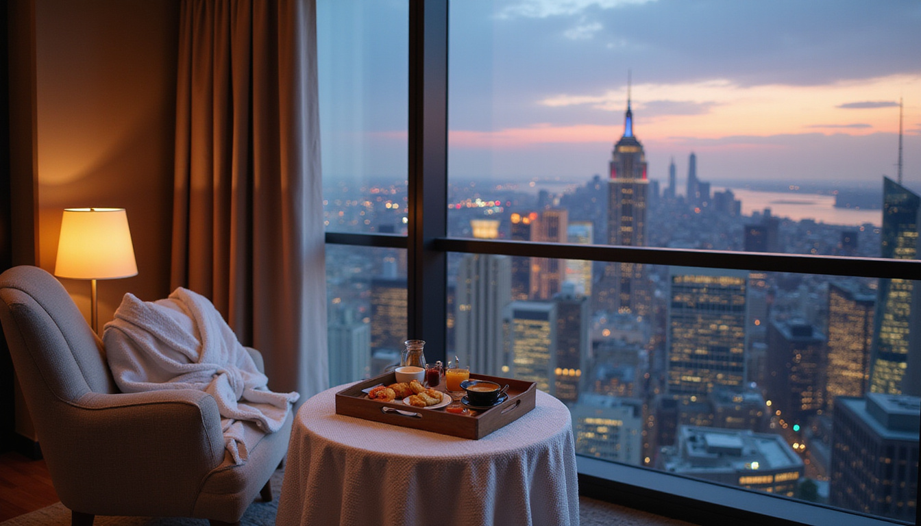  Opulent hotel suite balcony with breakfast tray, spa robe, evening lights, panoramic skyline