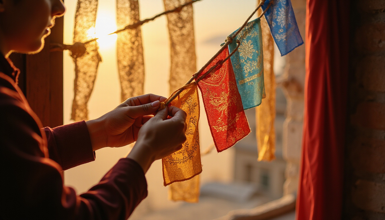  Close-up hands tying sacred prayer flag string over village doorway, embroidered symbols, warm golden light