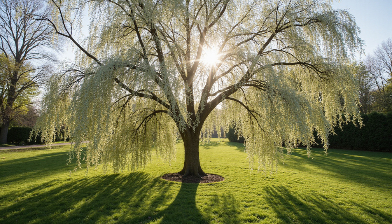  Sunlit spring garden scene of mature pussy willow tree covered in fluffy silver catkins