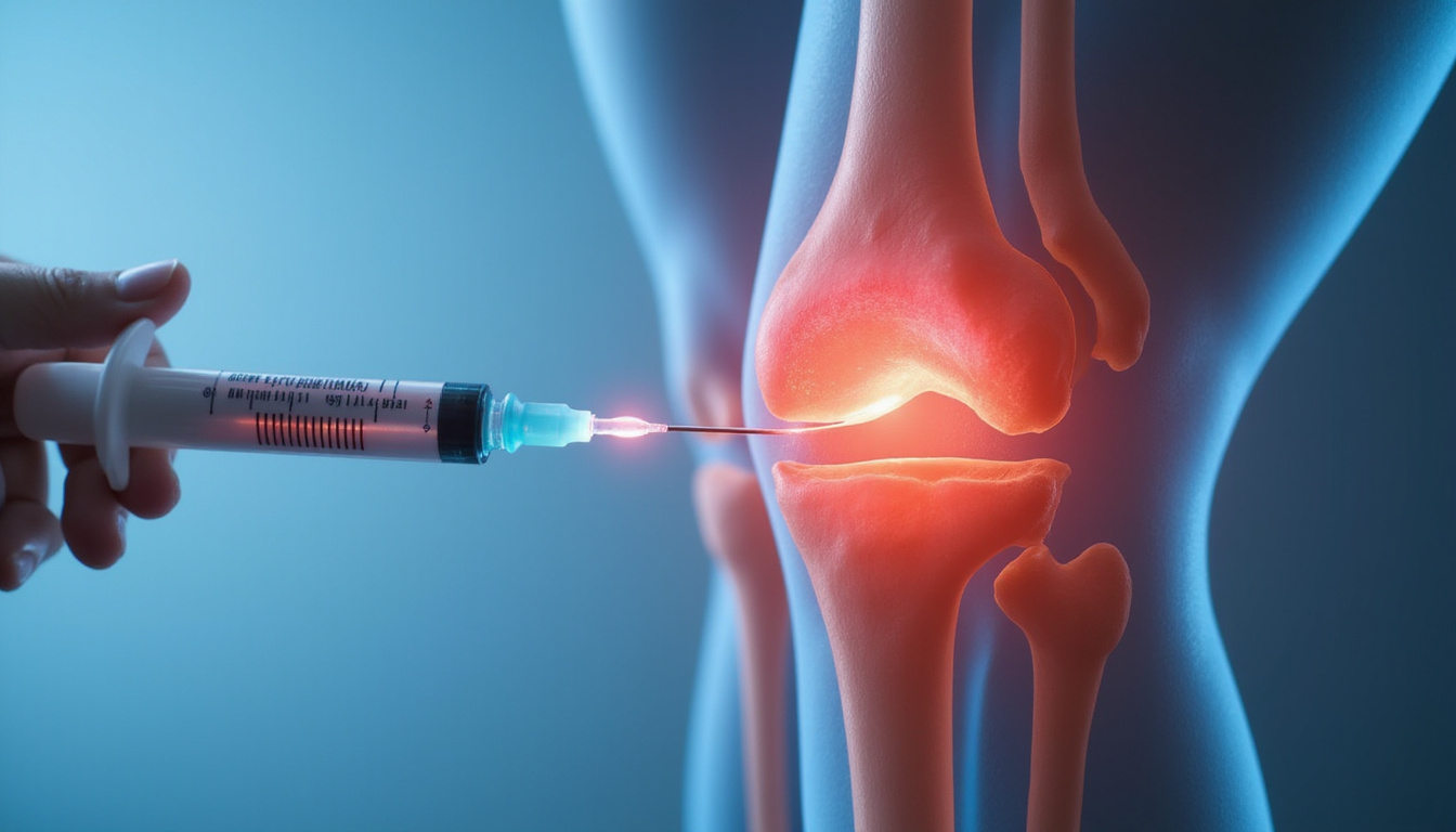  Sterile syringe injecting into knee, translucent synovial fluid with half-life hourglass, clinical success aura