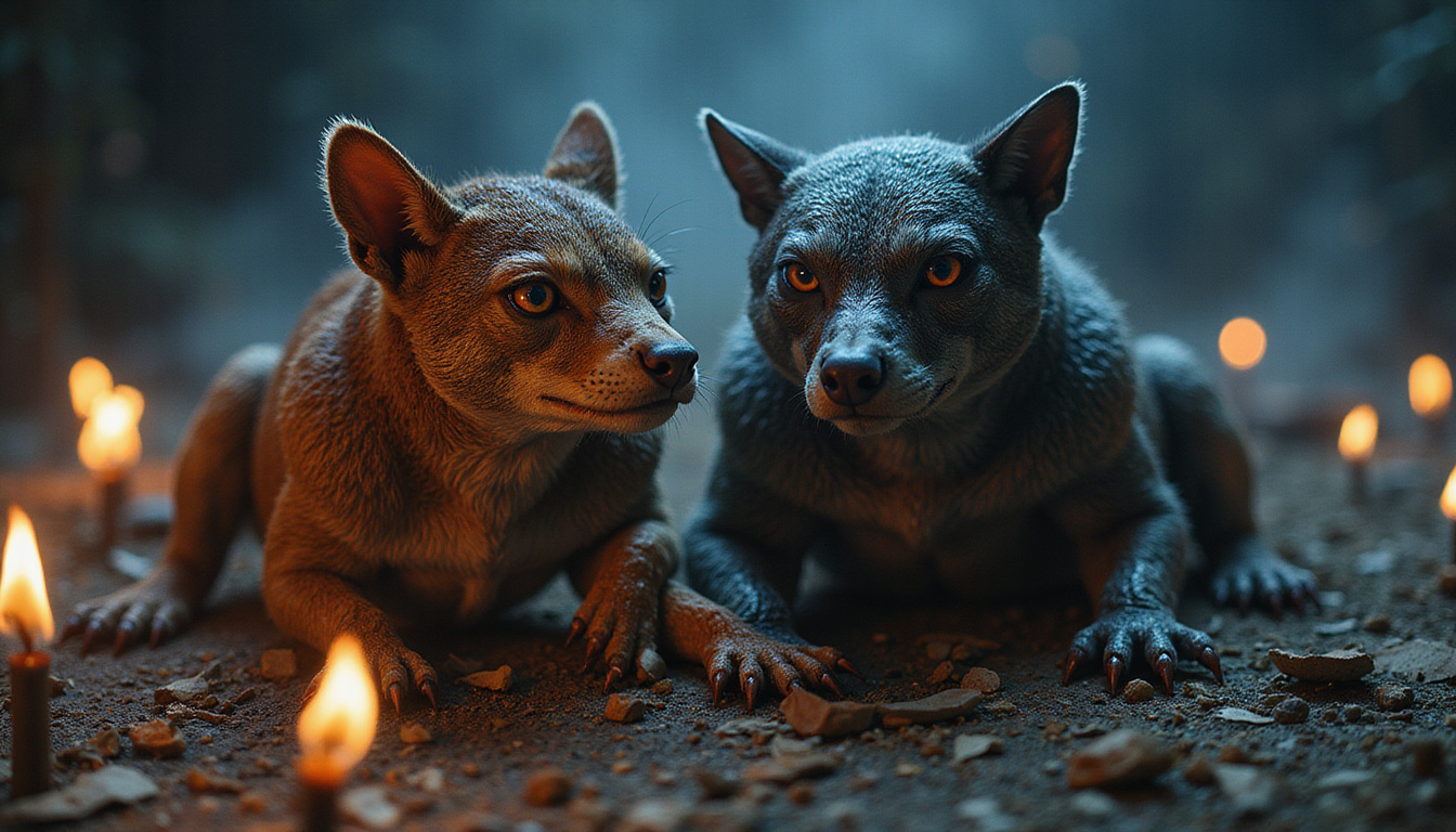 Wild-eyed hybrid animals and humans entwined in shadowy alliance, flickering torches, ominous atmosphere