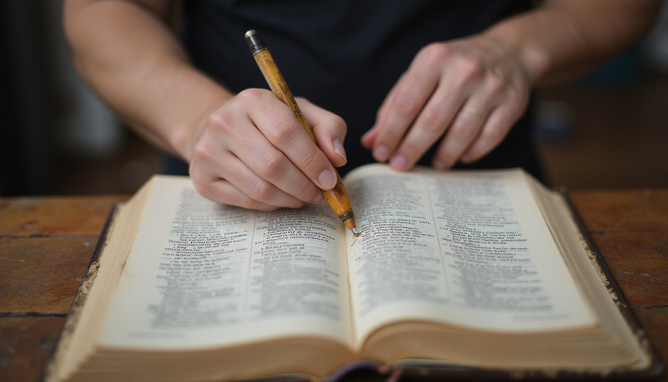  Hands of a devout reader annotating margins with faded ink, stained vellum, soft halo