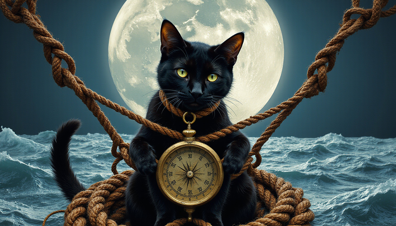  Black cat weaving between coils of rope, brass compass, moonlit sea, tattoos visible